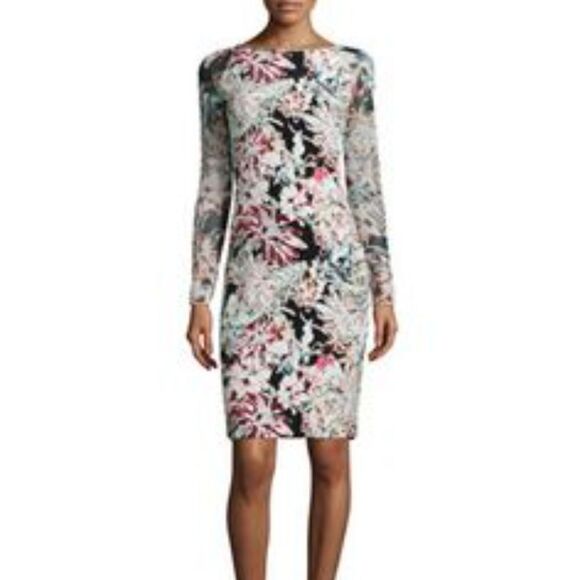 L'AGENCE Silk Floral Midi Dress with Mesh Long Sleeves Black Women's Size 8 - Picture 12 of 12